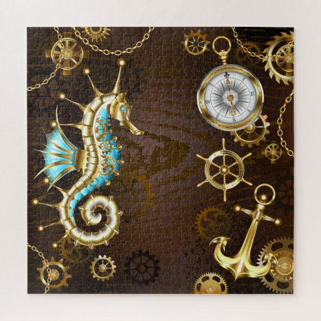 Puzzle Arrière - plan en bois avec cheval de mer mécaniqu (Vertical)