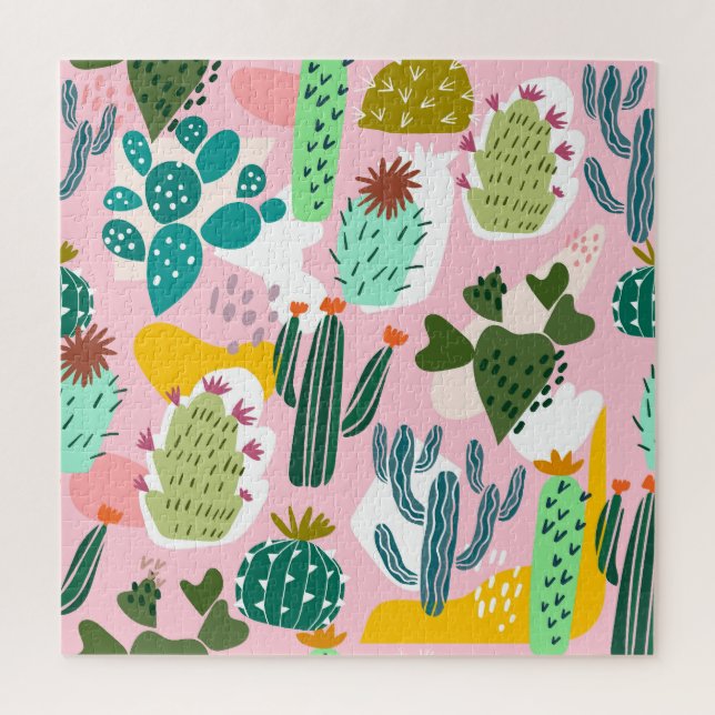 Puzzle Arrière - plan rose, motif de cactus dessiné à la  (Vertical)