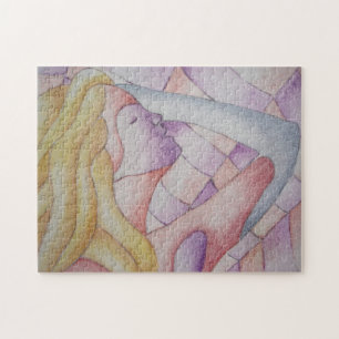 Puzzle art abstrait multicolore rose pose dame rétro