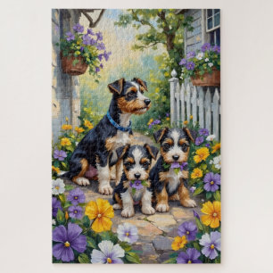 Puzzle Art de jardin aux pensées avec Biewer Terrier
