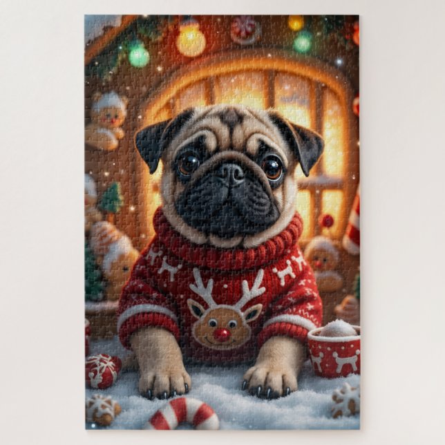 Puzzle Art de Noël sur le thème des Pug (Vertical)