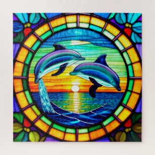 Puzzle Art de verre coloré avec des dauphins bondissant a
