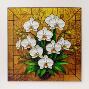 Puzzle 💛 Art de vitrail d'orchidée avec détails en or 💛