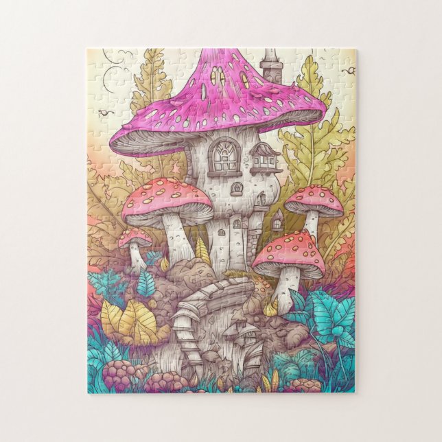 Puzzle Art d'illustration du village de champignons rétro (Vertical)