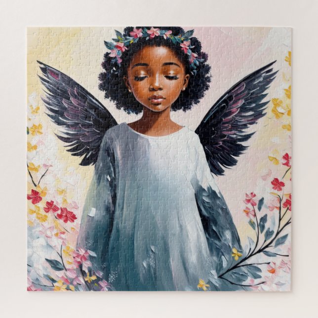 Puzzle Art Floral de l'Ange-Enfant Noir (Vertical)