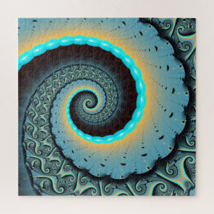 Puzzle Art fractal spirale abstrait bleu turquoise orange