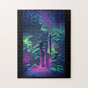 Puzzle Art graphique abstrait forestier rose et vert