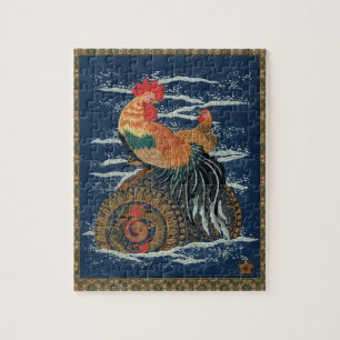 Puzzle Art japonais vintage représentant un coq, une poul