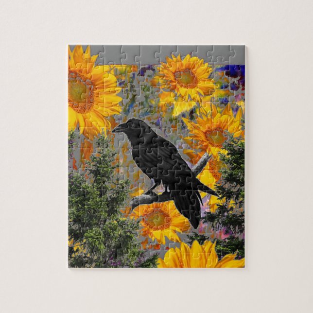 Puzzle art noir de corneille et de tournesols (Vertical)