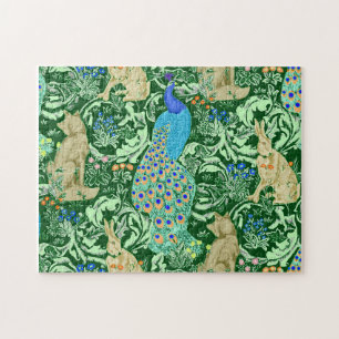 Puzzle Art Nouveau Peacock Print, Cobalt Blue & Green