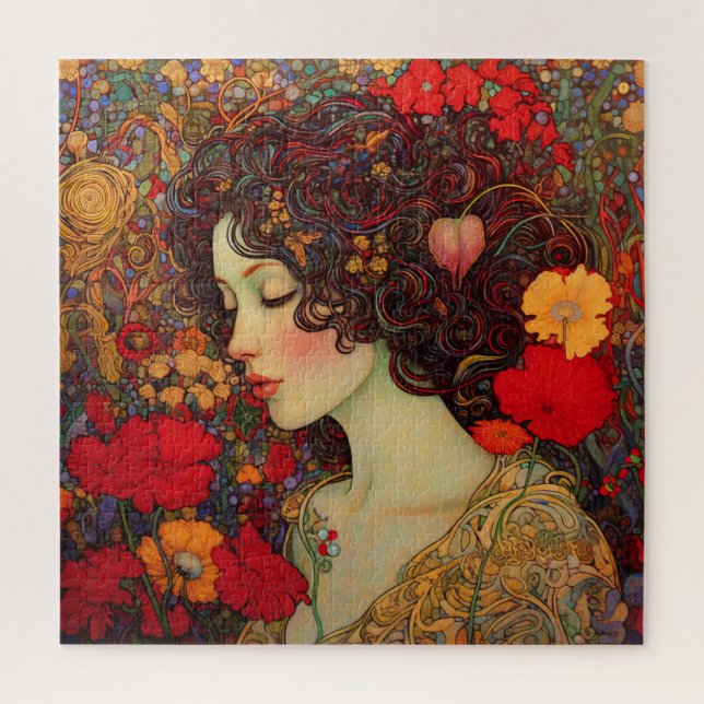 Puzzle Art Nouveau Une femme au milieu des coquelicots ro (Vertical)