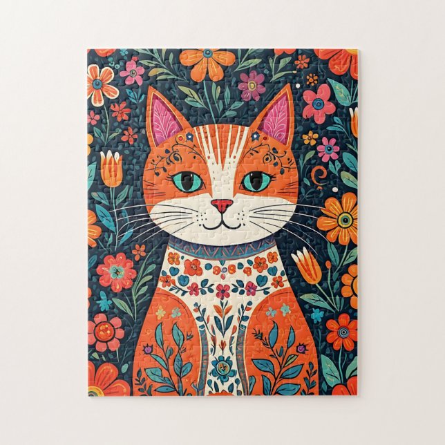 Puzzle Art populaire Whimsical Chat et Fleurs (Vertical)