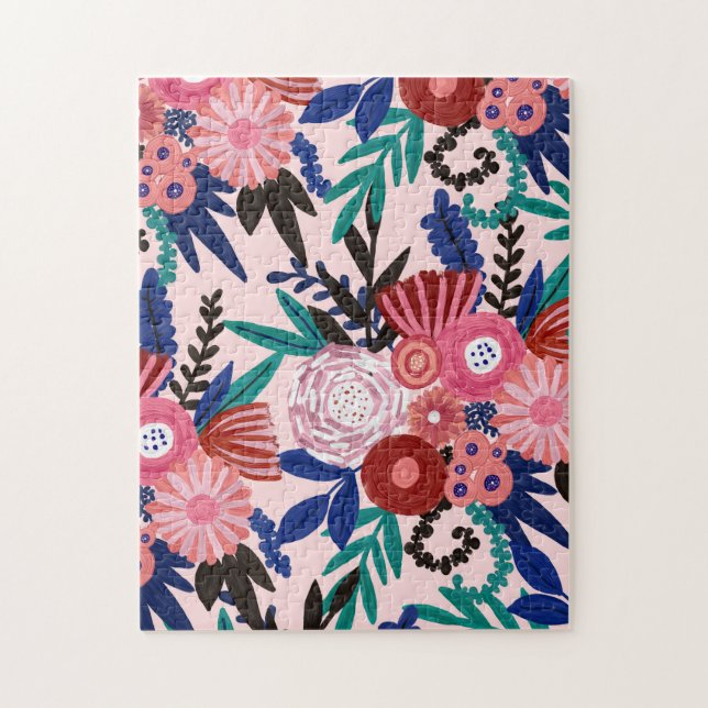 Puzzle Artsy rose rouge bleu acrylique Fleurs peintes Feu (Vertical)