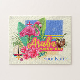 Puzzle Aruba Retro Caraïbes île avec Flamant rose Vintage
