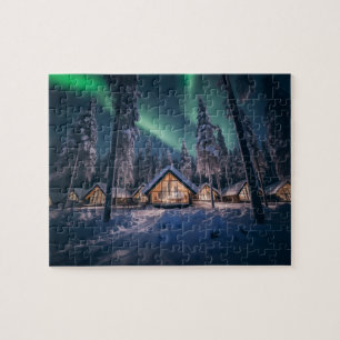 Puzzle Aurora borealis au-dessus du cabine d'hiver