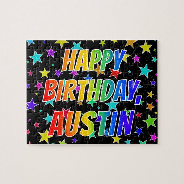 Puzzle "AUSTIN" Prénom, Amusant "HEUREUX ANNIVERSAIRE" (Horizontal)