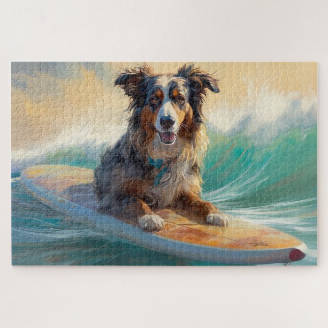 Puzzle Australian Shepherd Beach Surfing Peinture (Horizontal)
