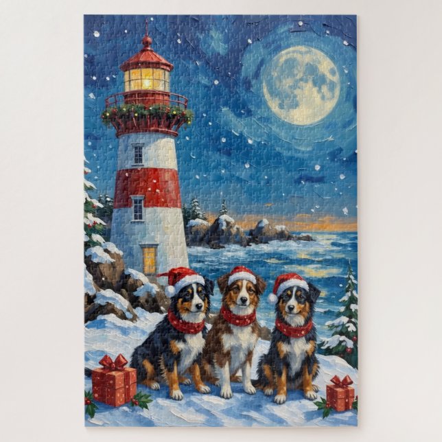 Puzzle Australian Shepherd Christmas Lighthouse Holiday (Vertical)