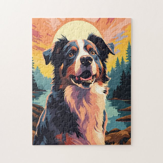 Puzzle Australian-Shepherd dans la forêt au coucher du so (Vertical)