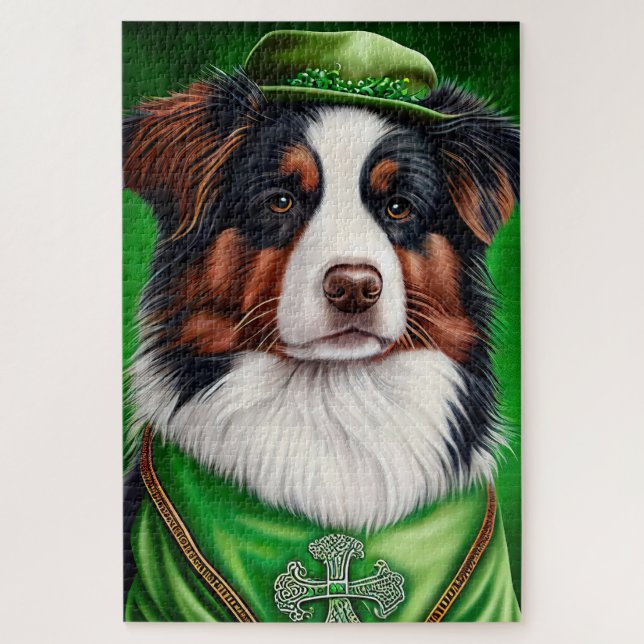 Puzzle Australian Shepherd dog en tenue de St. Patrick's  (Vertical)
