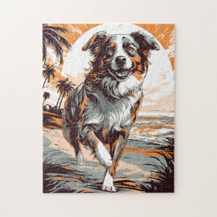 Puzzle Australian Shepherd sur une plage tropicale