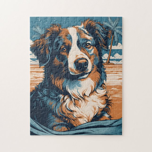 Puzzle Australian Shepherd sur une plage tropicale (Vertical)