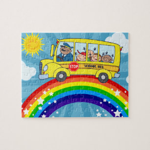 Puzzle Autobus scolaire conduisant sur un arc-en-ciel