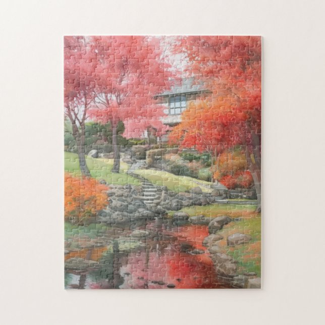 Puzzle Automne Japonais Moderne Jardin Aquarelle (Vertical)