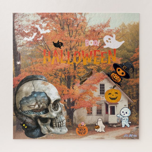 Puzzle automne oranger heureux Halloween chalet coucher d (Vertical)
