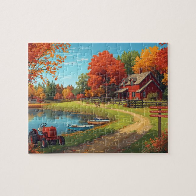 Puzzle Autumn Farm Pond Red House Tractor Scene (Horizontal)