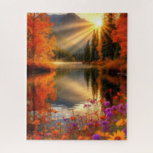 Autumn Lake at Sunrise Golden Reflections Scenic A