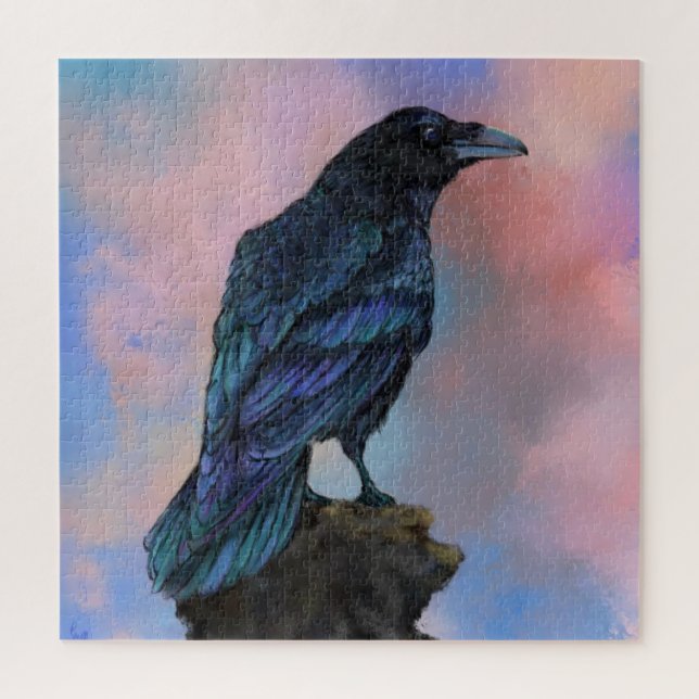 Puzzle avec grand corbeau noir au coucher du solei (Vertical)