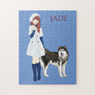 Puzzle avec une fille marchant chien husky. Nom pe