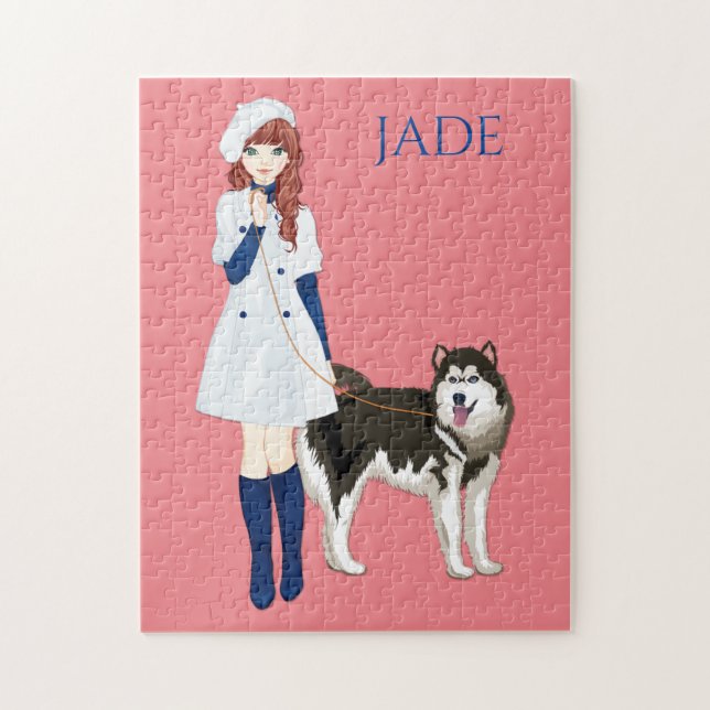 Puzzle avec une fille marchant chien husky. Nom pe (Vertical)