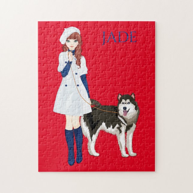 Puzzle avec une fille marchant chien husky. Nom pe (Vertical)