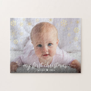 Puzzle Baby First Christmas Script Gold Snowflake Photo