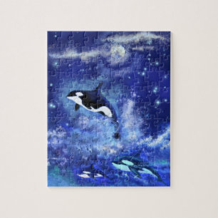 Puzzle Baleines tueuses nager sur la Pleine lune Jigsaw P
