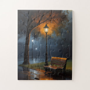 Puzzle Banc de parc sous la pluie la nuit – Peinture à l'