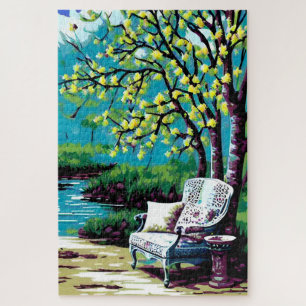 Puzzle banc fleuri étang paysage peinture