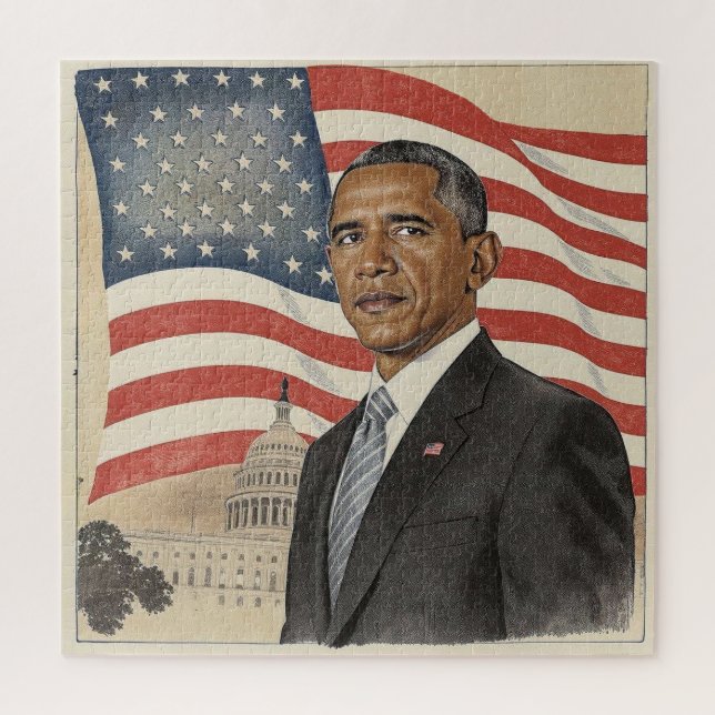 Puzzle Barack Obama in front of American Flag and Capitol (Vertical)