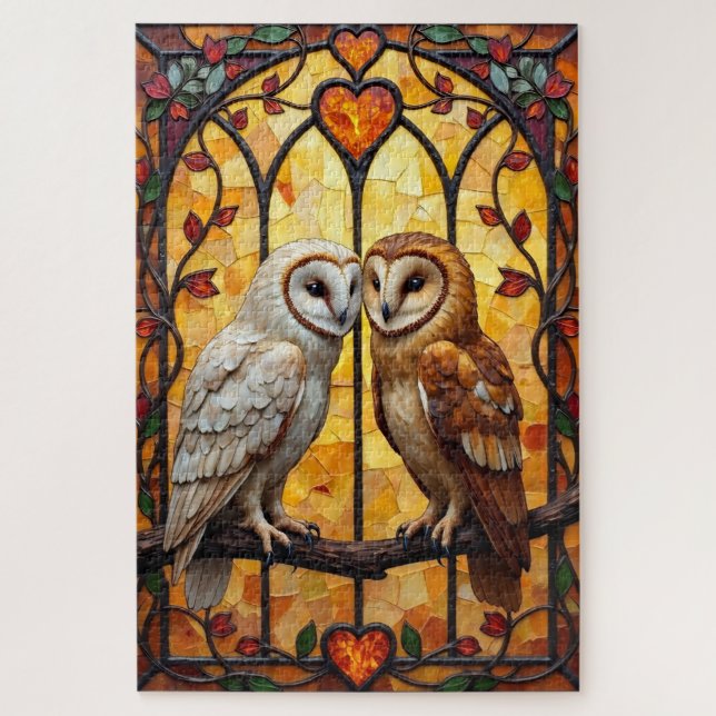 Puzzle Barn Owls Heart-Faced Stained Glass Embrace (Vertical)