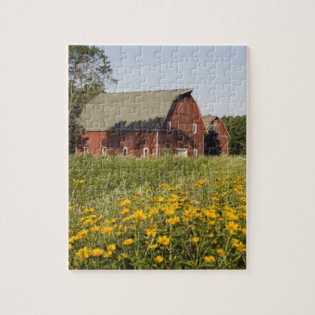 Puzzle Barne rouge et Fleurs sauvages jaunes (Vertical)