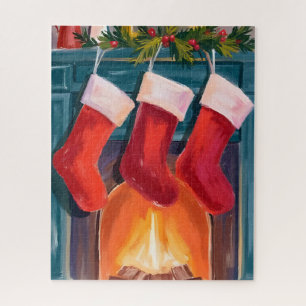Puzzle Bas de Noël rouges cheminée aquarelle