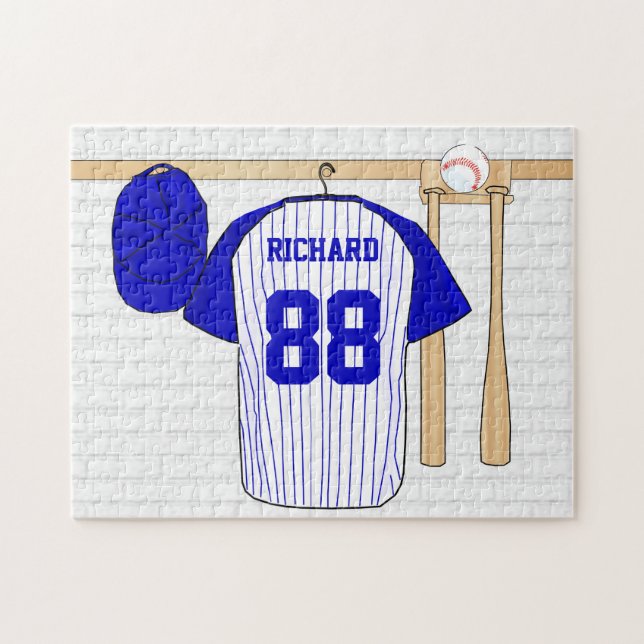 Puzzle Base-ball Jersey bleu et blanc personnalisé (Horizontal)