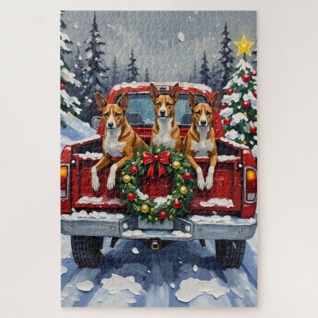 Puzzle Basenji Christmas Red Truck Holiday (Vertical)