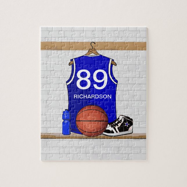 Puzzle Basket-ball bleu et blanc personnalisé Jersey (Vertical)