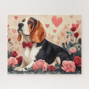 Puzzle Basset Hound avec des roses - Saint-Valentin