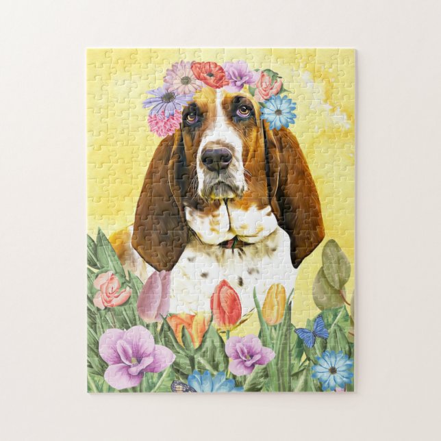 Puzzle Basset Hound Chien avec Fleurs Printemps (Vertical)