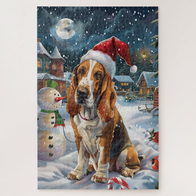 Puzzle Basset Hound Chien Winter Wonderland Noël Joie (Vertical)