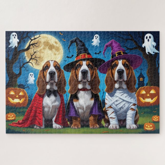 Puzzle Basset Hound Chiens Citrouille Halloween Funny (Horizontal)